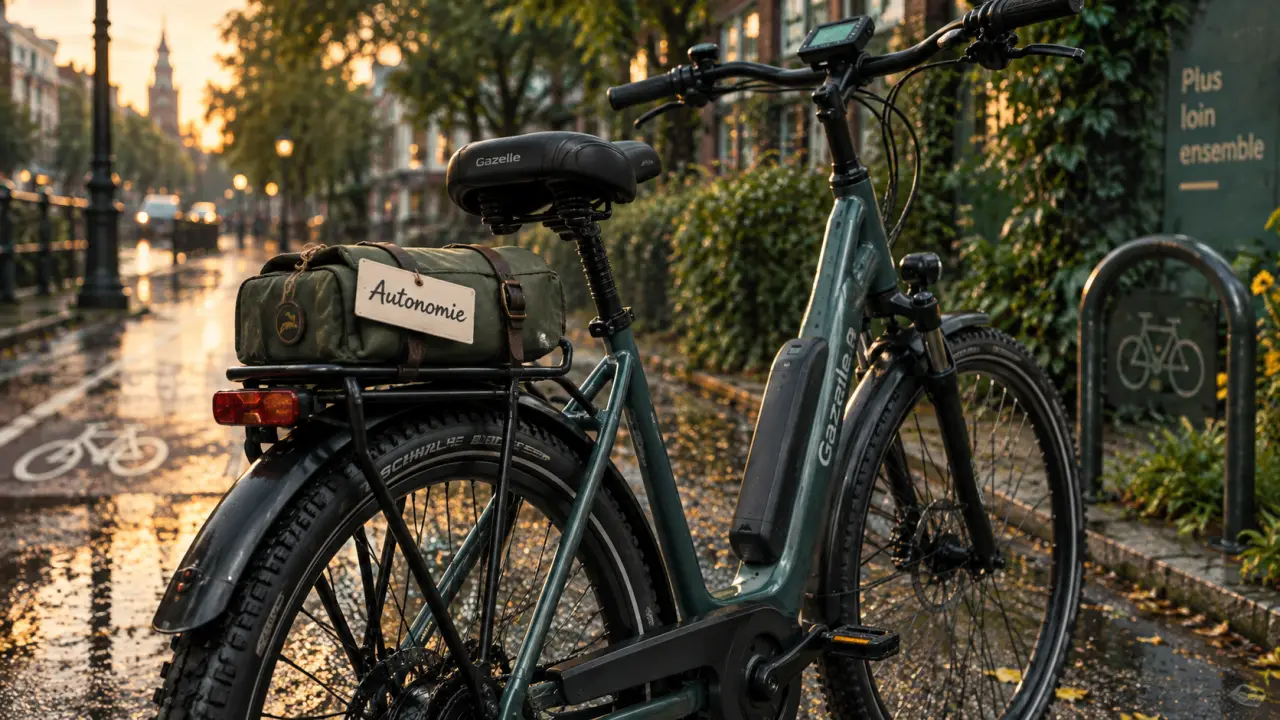Vélo gazelle électrique sur chemin humide en ville