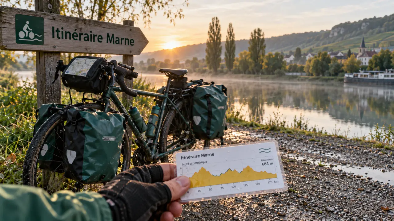 Voyage à vélo en Champagne : vélo près du panneau itinéraire Marne sur la Marne