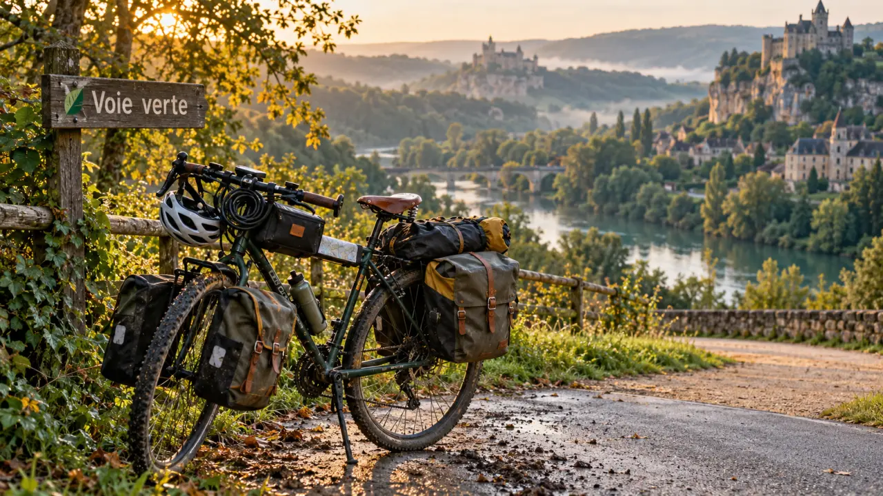 Voyage à vélo dordogne : vélo sur voie verte en vallon verdoyant